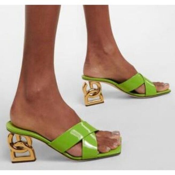 NEW Authentic DOLCE & GABBANA Green Polish Leather Sculpted Heel Mules S… - Picture 1 of 13
